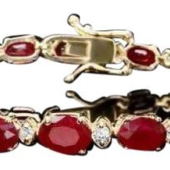 16.30Ct Natural Red Ruby & Diamond 14K Solid Yellow Gold Bracelet - Picture 2 of 5